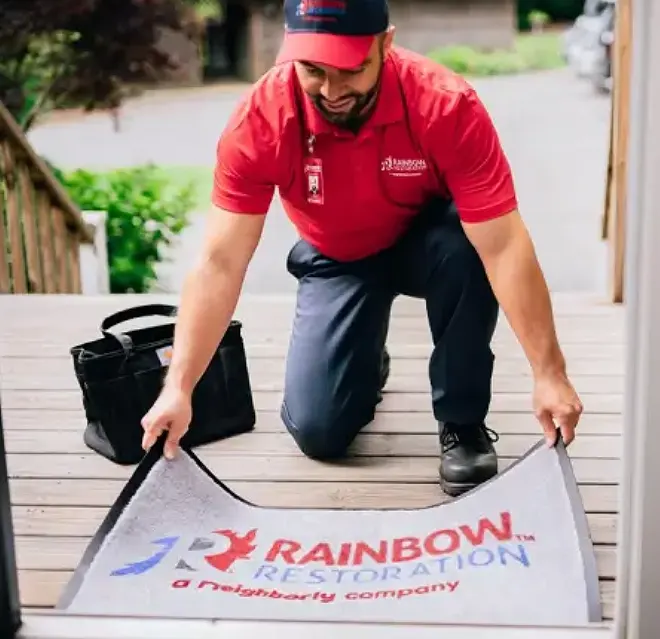 A Rainbow Restoration certified restoration professional prepares to enter a home to assess property damage in Chester, VA.