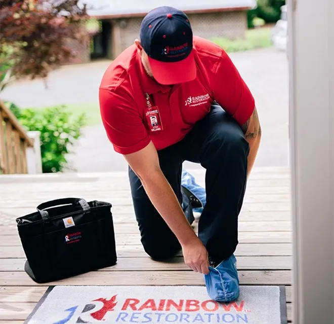 A Rainbow Restoration certified restoration professional prepares to enter a home to assess property damage in Jamestown, NC.