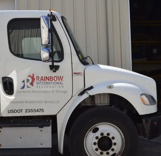 A Rainbow Restoration of Northeastern Maryland contents restoration and storage truck used to transport belongings during a residential mold removal job.