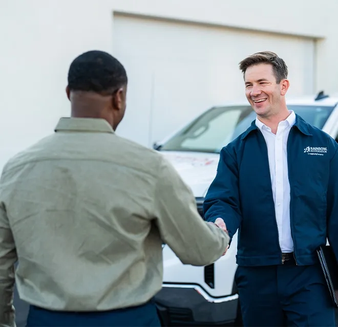A Rainbow Restoration representative arrives at a commercial property in Monroe, GA, to meet a property owner who has called for help with emergency restoration services.