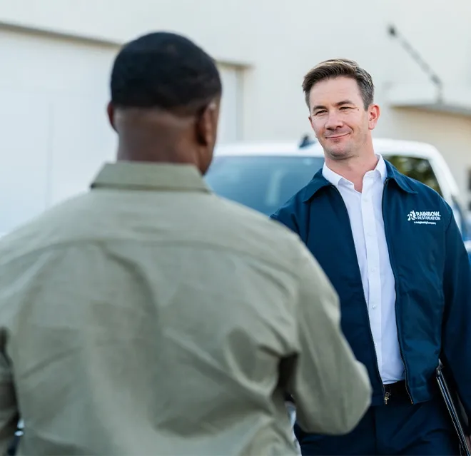 A Rainbow Restoration representative arrives at a commercial property in Idaho Falls, ID,  to meet a property owner who has called for help with emergency restoration services.