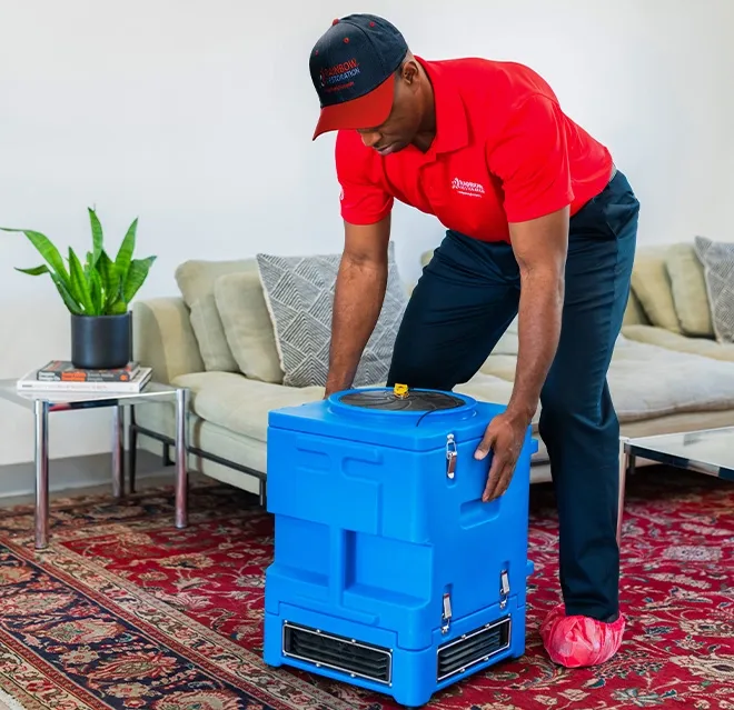 A Rainbow Restoration team member sets up equipment in a customer’s home in Keswick, VA.