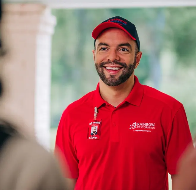 A homeowner in Ridgeland, SC who called for emergency restoration services greets a Rainbow Restoration expert at their front door. 