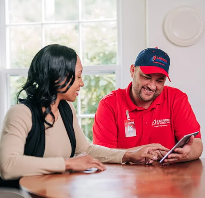 A Rainbow Restoration representative discusses property restoration services with a homeowner in Midlothian, VA.