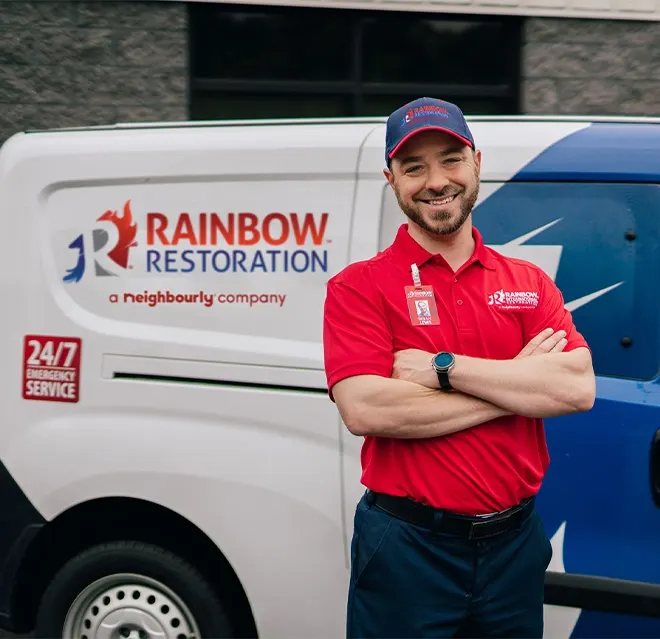 A Rainbow Restoration service professional smiling in front of a branded company van in Elk Grove, CA.