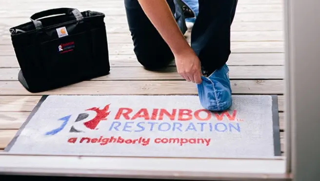 A Rainbow Restoration certified restoration professional prepares to enter a home to assess property damage in Dickinson, TX.