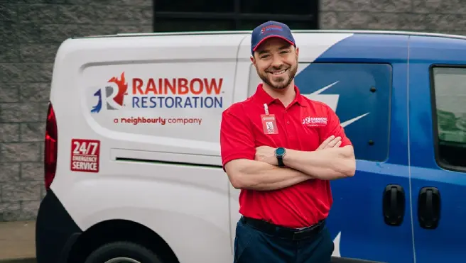 A Rainbow Restoration service professional standing with arms crossed and smiling in front of a branded company van.
