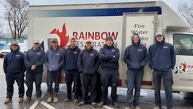 The Rainbow Restoration of Northeastern Maryland team assembled in front of their service truck before heading out to a fire damage job.