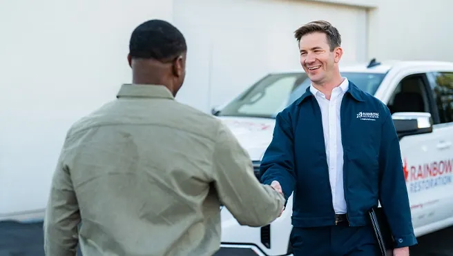 A Rainbow Restoration representative arrives at a commercial property in Lexington, NC, to meet a property owner who has called for help with emergency restoration services.