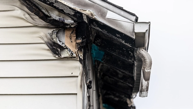 The exterior of a home's roof with fire damage.