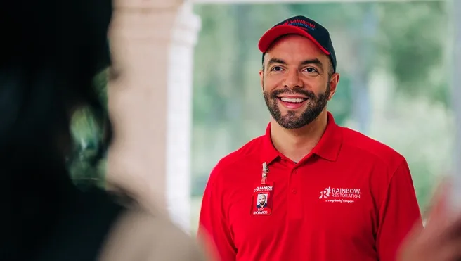 A Rainbow Restoration representative arrives at a home in Monroe, GA, to provide emergency restoration services.