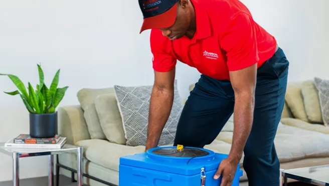 A Rainbow Restoration team member sets up equipment in a customer’s home in Blythewood, SC.