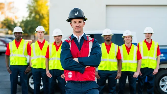 A Rainbow Restoration team lined up in a parking lot, wearing safety vests and hard hats.
