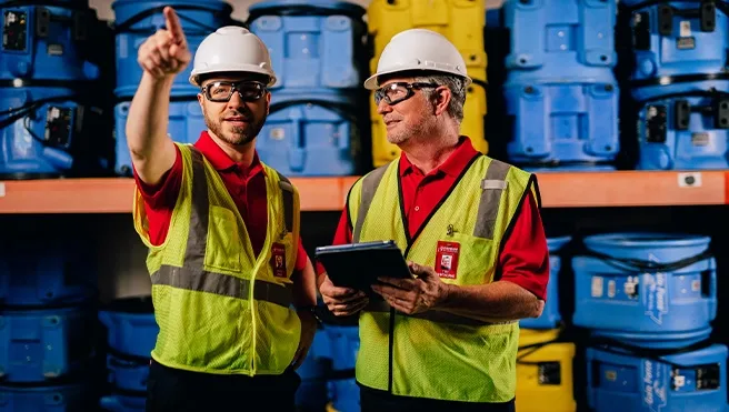 One Rainbow Restoration service professional wearing a hard hat and safety vest pointing to service equipment while another holds a clipboard.