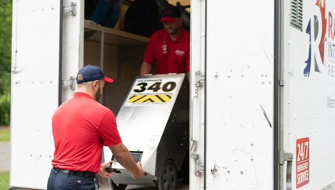Rainbow Restoration’s emergency response team unloads equipment at a property damage loss in Durant, OK.
