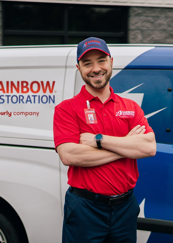 A Rainbow Restoration service professional standing in front of a van.