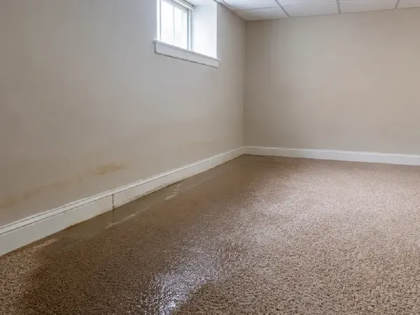 Floodwater soaking into basement carpet along a wall shows the kind of water intrusion Kingsport property owners may face after heavy rain.