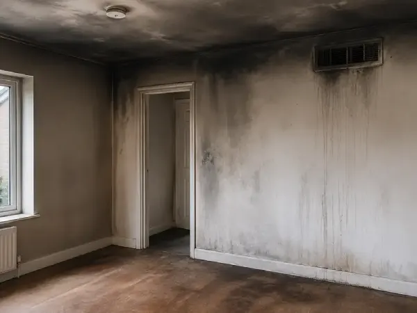 Smoke and soot damage stain the walls and ceiling of a Bristol home after a fire.