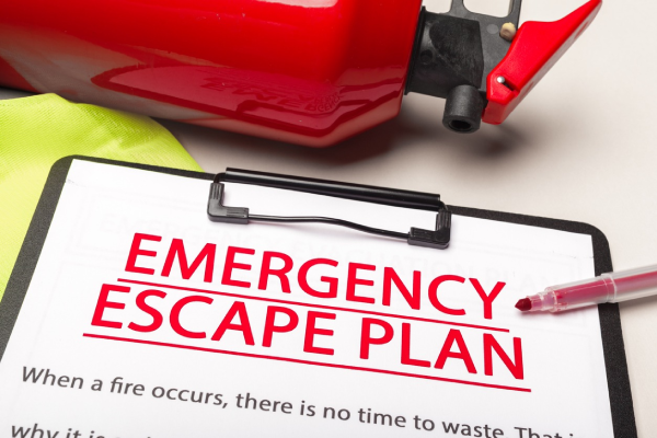 Clipboard with a document that says in red &ldquo;Emergency Escape Plan&rdquo;