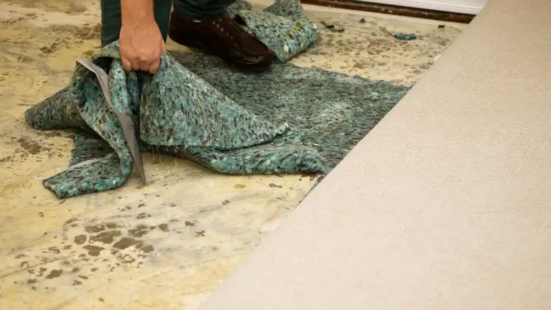 Person picking up carpet padding underneath carpet after being damaged from water.