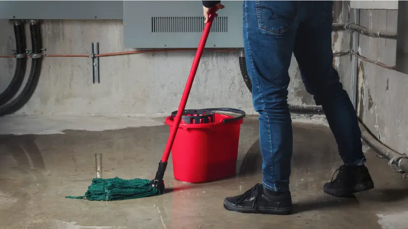 Person mops after basement flooding.